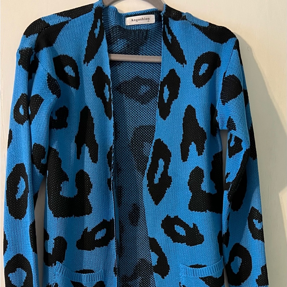 Blue and Black Leopard Print Women's Sweater
